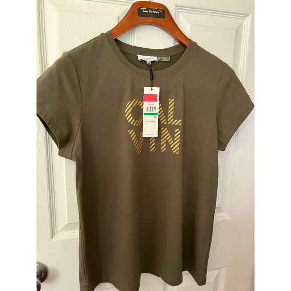 Calvin Klein Olive Gold Round neck Tee Top T-shirt Short Sleeves Size L - Picture 1 of 12